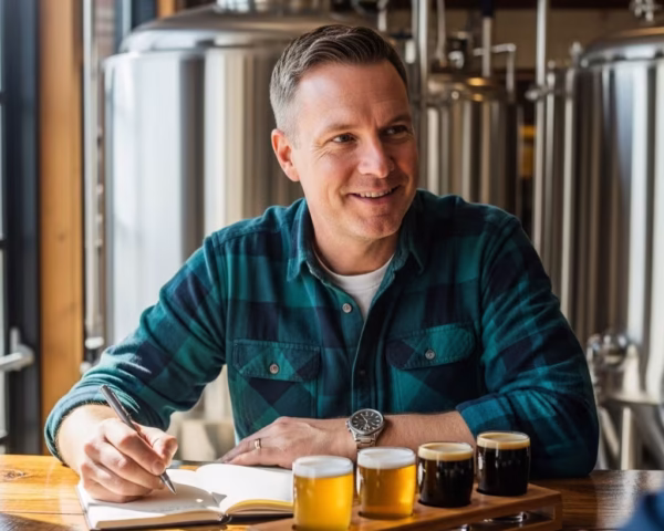 Founder of Midwest Microbrew sits at a sunny brewery bar, taking notes in a journal while interviewing a brewmaster about their craft beer story.