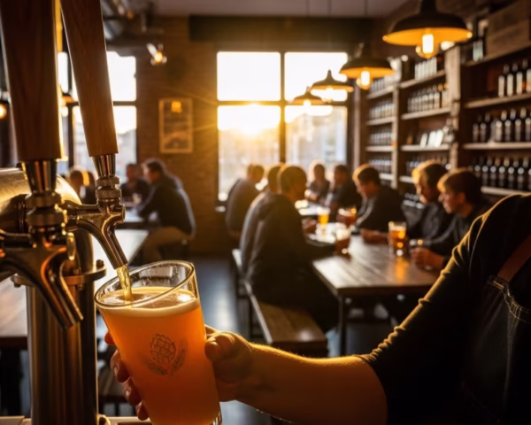 A close-up of a hazy IPA being poured from a tap, with the sunny, welcoming taproom of a Midwest craft brewery blurred in the background.