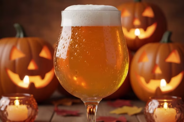 Caramel apple ale craft beer glass with carved Halloween pumpkins background fall beer festival