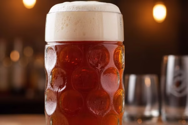 Amber Märzen Oktoberfest beer in traditional glass stein with foamy head at Midwest brewery tasting