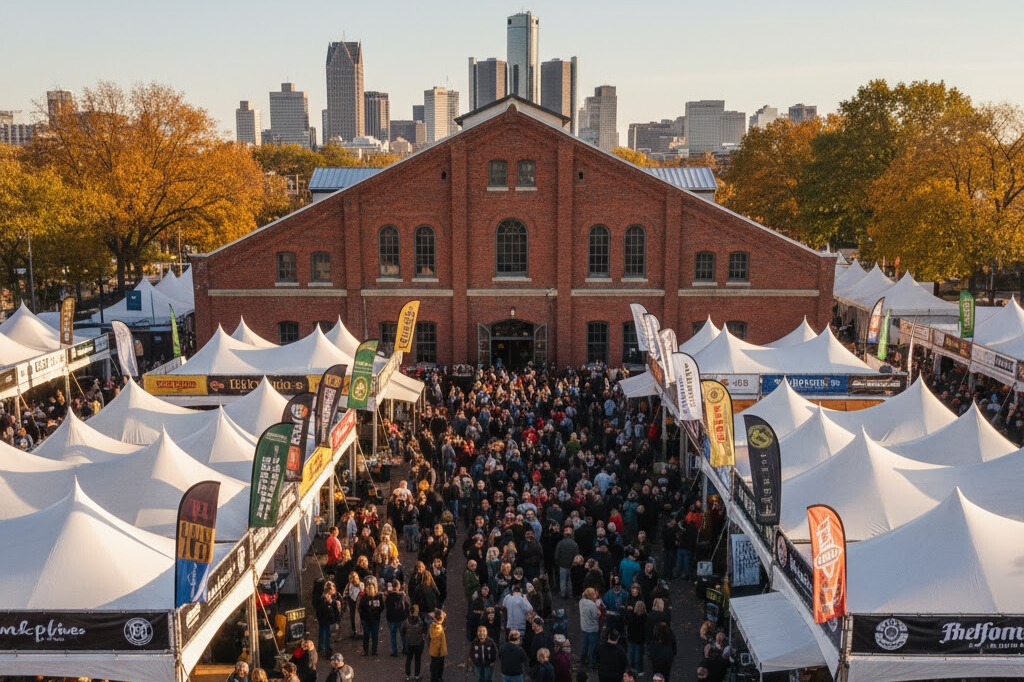 Detroit beer festival 2025 at historic Eastern Market with craft beer tasting booths, Michigan breweries, and festival crowds enjoying craft beers