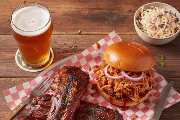 Detroit beer festival food pairings featuring craft beer and BBQ ribs, pulled pork sandwich from local Detroit food vendors
