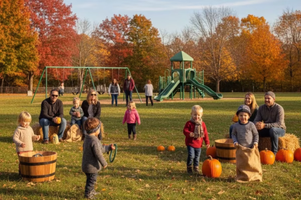 Families with children enjoying outdoor activities at family friendly Midwest Oktoberfest festival with playground and games