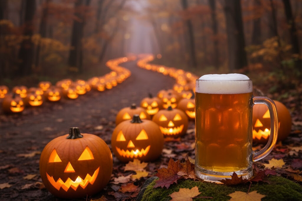 Glowing carved pumpkins lining pathway with craft beer glass in foreground at Halloween beer festival