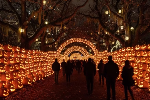 Crowds walking through illuminated pumpkin displays at Halloween craft beer festival near Chicago Illinois