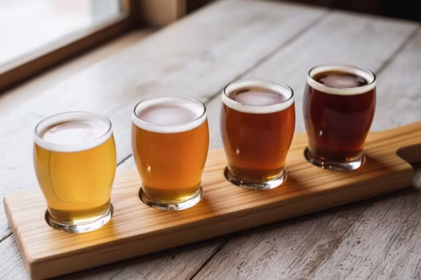 Beer tasting flight showing amber Märzen and golden Festbier Oktoberfest styles from Midwest craft breweries