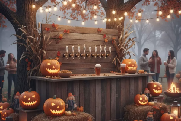 Outdoor craft beer tasting station with pumpkin decorations at Jack-o-lantern beer festival Illinois