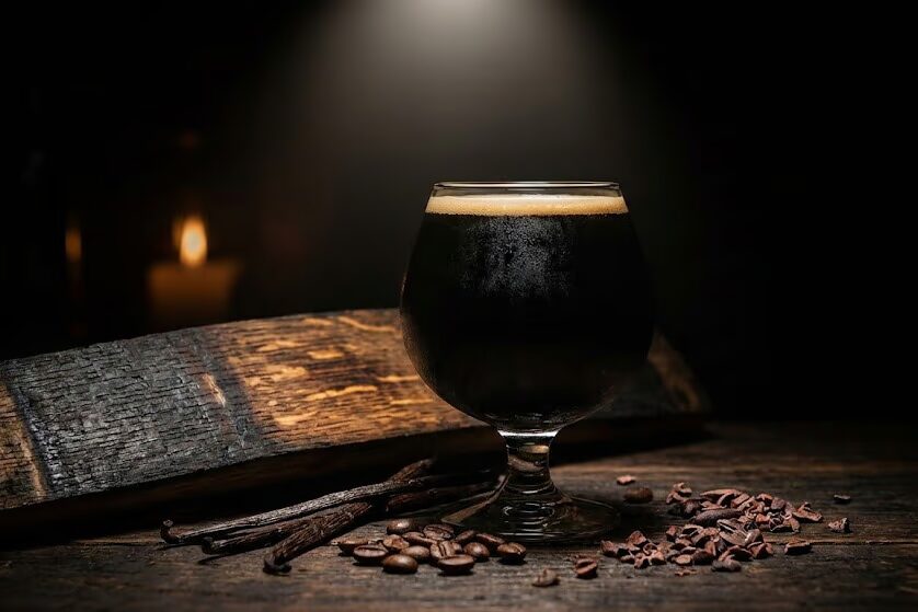Dark imperial stout in snifter glass next to charred oak bourbon barrel stave with vanilla beans and coffee beans