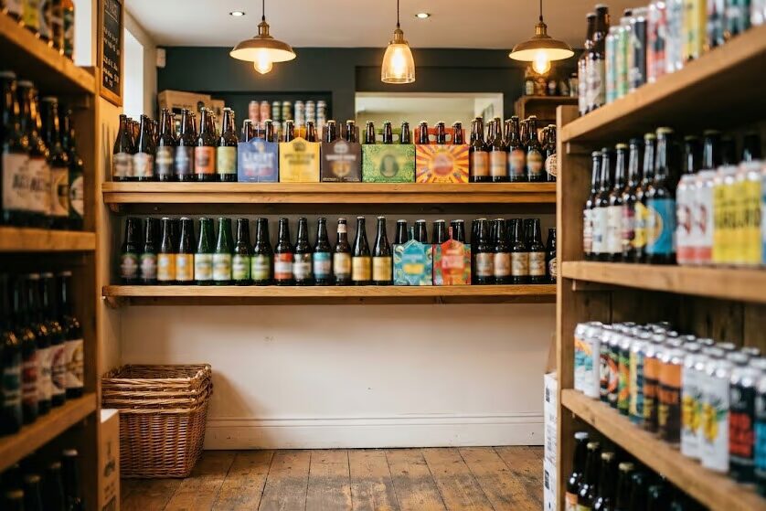 Specialty bottle shop shelves stocked with seasonal craft beer and winter ale variety packs for holiday shopping