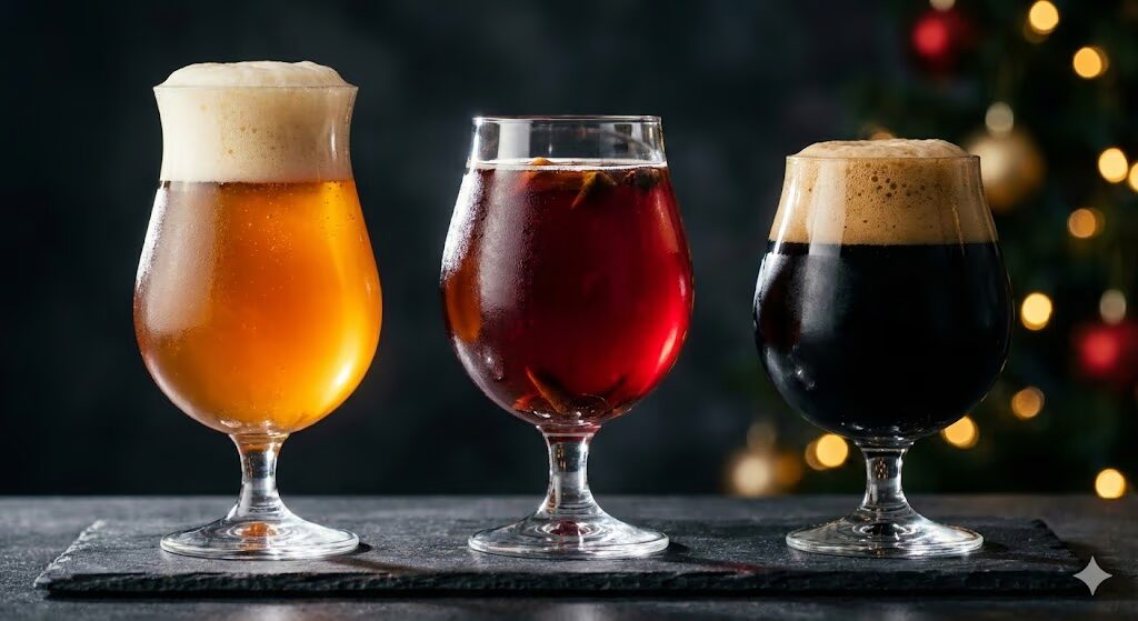 Fresh craft winter ale being poured into goblet glass showing rich copper color and creamy foam head