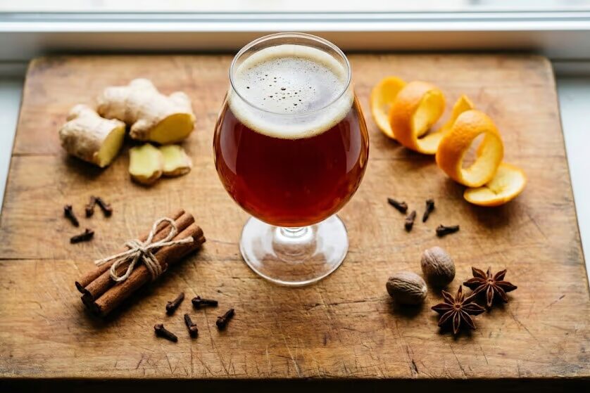 Spiced Christmas ale in glass surrounded by fresh ginger root cinnamon sticks orange peel and whole nutmeg on wooden cutting board