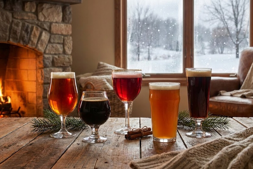 Assortment of craft winter ales and Christmas beers in various glasses on rustic wooden table with snow visible through window and warm fireplace glow