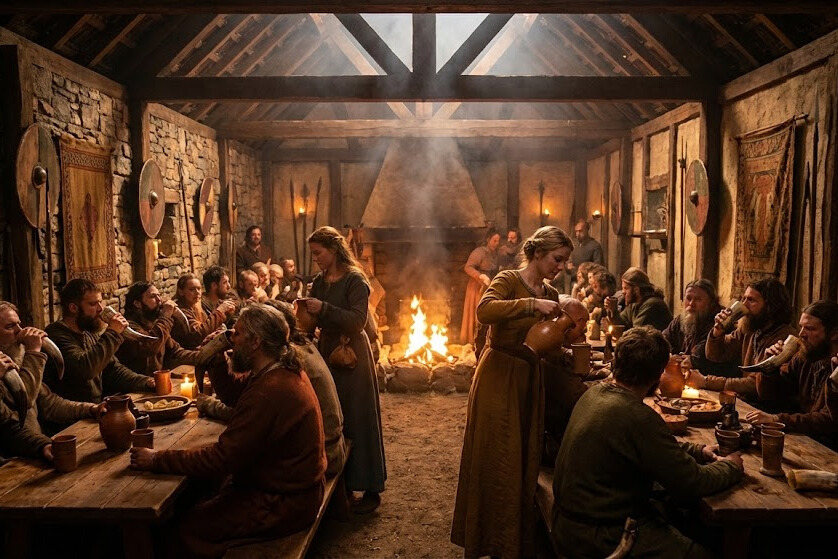 Anglo Saxon warriors drinking ale from drinking horns in medieval mead hall with firelight and wooden benches