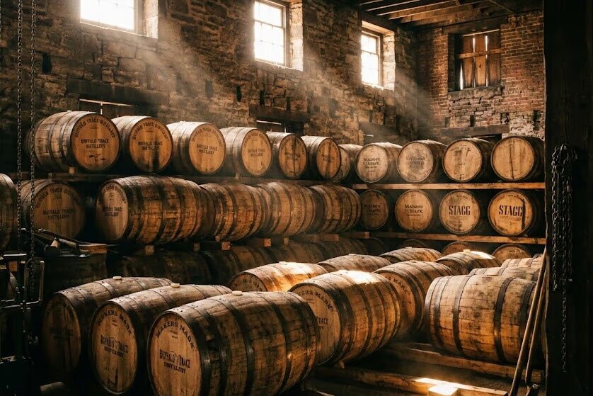 Bourbon barrels stacked in brewery cellar for barrel aged beer releases 2026