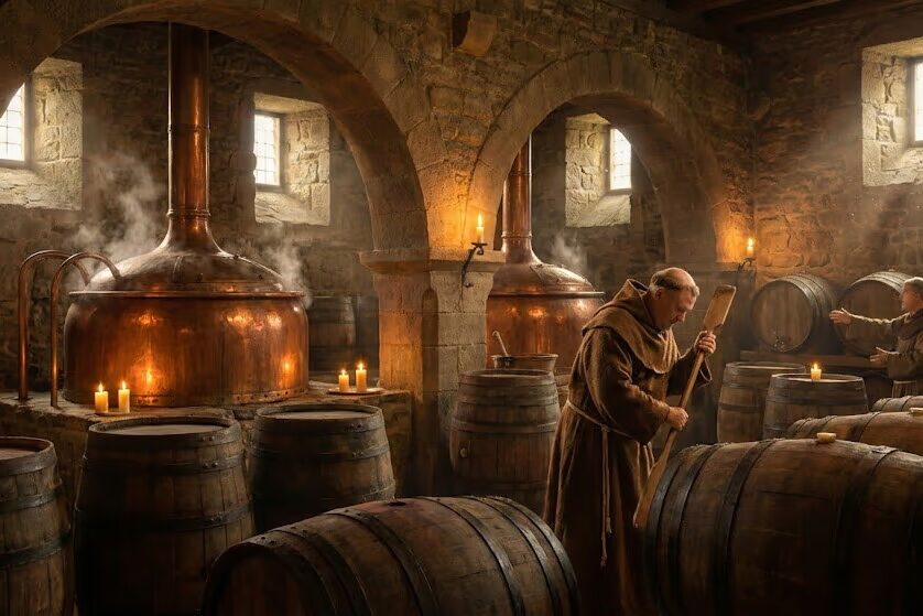 Medieval monastery brewery with copper kettles wooden barrels and monk brewing Christmas ale