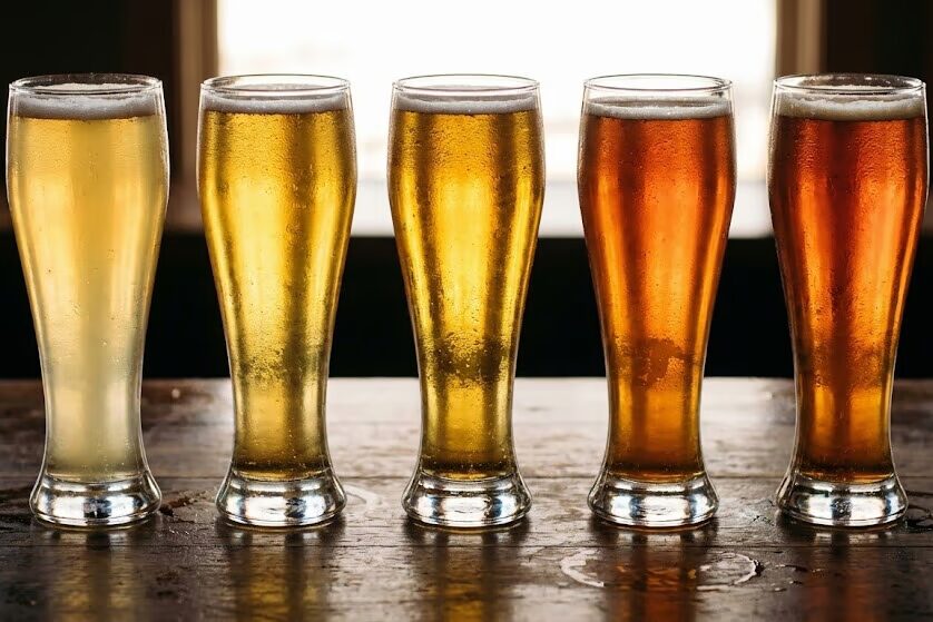 Row of different pilsner and lager styles from Midwest craft breweries with varying golden hues