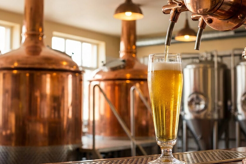 Golden pilsner beer being poured into glass at Midwest craft brewery with copper brewing tanks in background