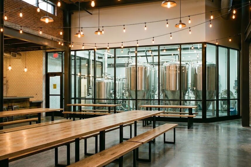 Contemporary craft brewery taproom featuring upcoming brewery releases and new beers