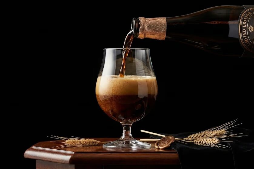Premium barrel aged craft beer being poured into snifter glass showing anticipated beers 2026