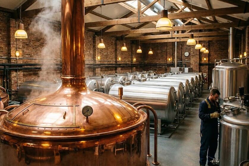 Traditional copper brew kettle and horizontal lagering tanks in Midwest craft brewery