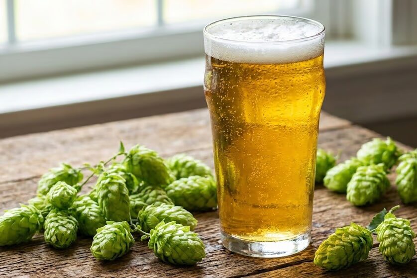Fresh hop cones and bitter West Coast IPA representing upcoming IPA releases 2026