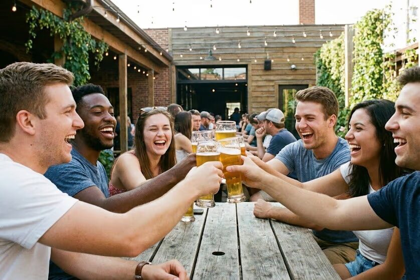 Gen Z friends toasting with pilsner glasses at outdoor Midwest brewery patio