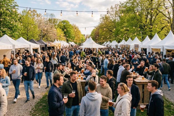 Outdoor spring craft beer festival crowd with people holding pint glasses in a sunny Midwest park setting