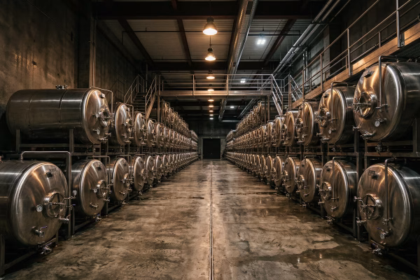 Wide-angle interior shot of a modern craft brewery with rows of tall, polished stainless steel horizontal lagering tanks stretching into the distance. Warm industrial lighting, concrete floors, dramatic shadows. Photorealistic, editorial style, no people, no text, no signage.