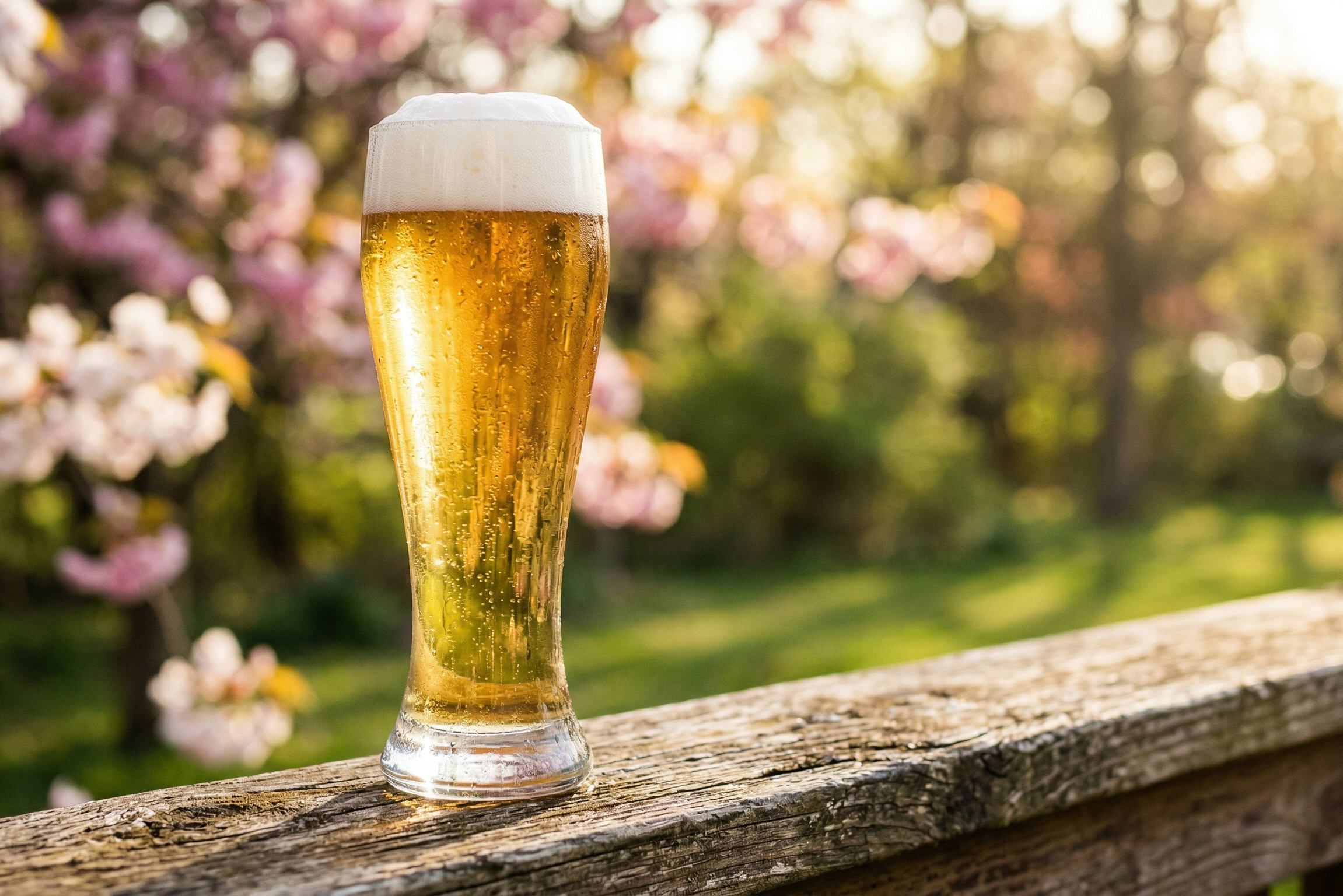 Frost-rimmed pint glass of golden craft lager on a wooden rail with a blossoming Midwest backyard in soft spring light