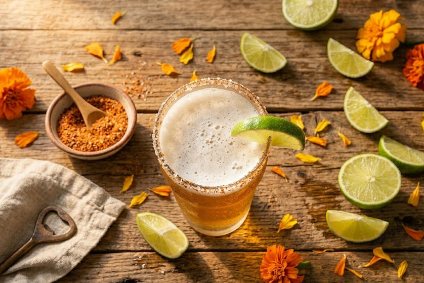 Chilled Midwest craft Mexican lager in a frosty glass with lime wedge, Tajín rim, and festive Cinco de Mayo table setting