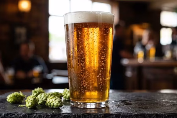 A crystal-clear amber West Coast IPA in a clean pint glass with a white foam head, representing the classic American craft IPA style