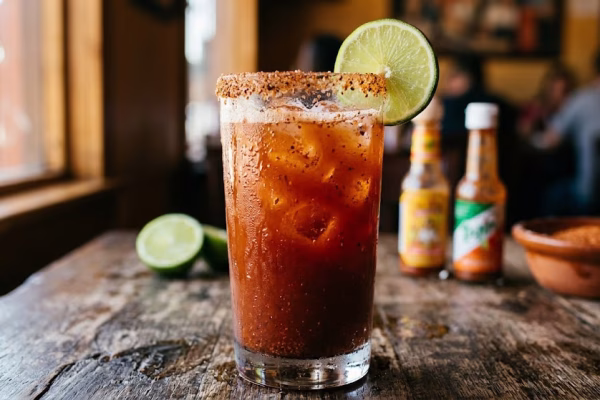 Craft michelada cocktail in a Tajín-rimmed glass with lime, hot sauce, and Worcestershire on a rustic wood surface