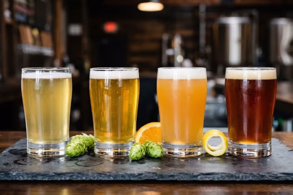 Four different IPA beer styles arranged in a row — session IPA, West Coast IPA, New England hazy IPA, and double IPA — showing the range of colors and clarity across IPA styles