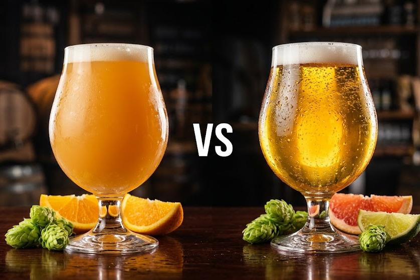 A hazy New England IPA and a clear West Coast IPA in matching glasses placed side by side with a vs graphic between them, visually comparing the two most popular Midwest craft IPA styles