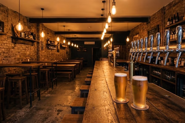 Warm industrial Midwest brewery taproom interior with tap handles, dim Edison bulb lighting, and craft beer glasses on a bar