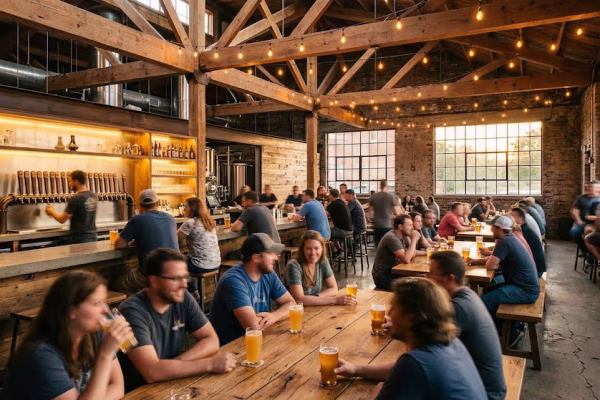 The warm interior of a Midwest craft brewery taproom with industrial wood and steel décor, filled tap handles, and patrons enjoying craft IPA beers