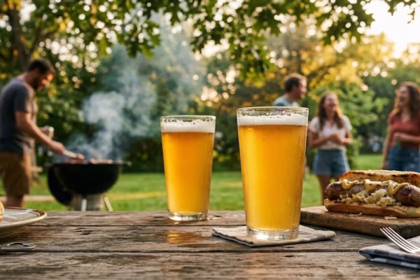 Golden wheat beers on a wooden picnic table at a Midwest summer backyard cookout with a charcoal grill and green grass in the background