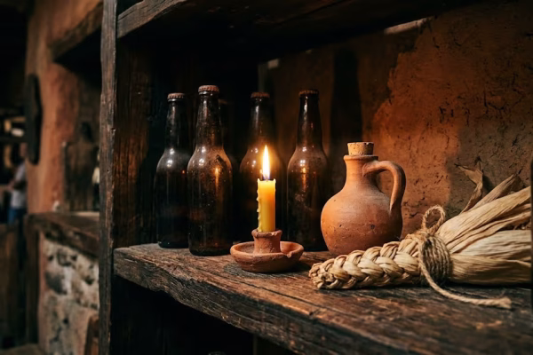 Rustic Mexican cantina bar shelf with amber lager bottles, clay pottery, and warm candlelight evoking traditional brewing heritage