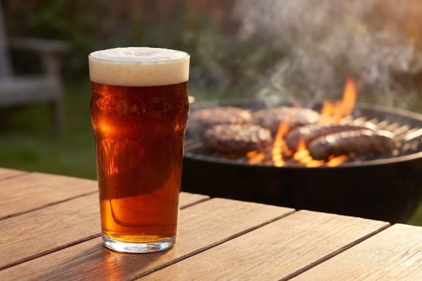 A copper amber ale in a glass next to a charcoal grill with burgers and bratwurst cooking over open flame