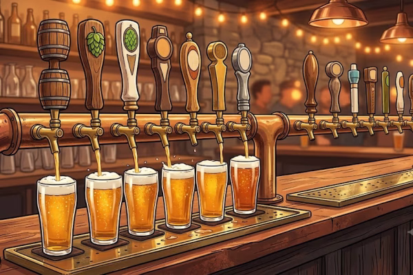  A line of craft beer taps with some empty and some full, symbolizing today's microbrewery boom and industry correction