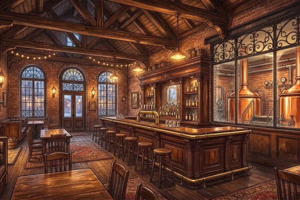 Historic Victorian brick brewery interior with copper brewing equipment, evoking iconic Midwest craft breweries