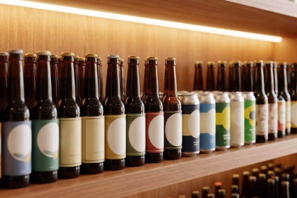 Rows of Midwest craft beer bottles and cans arranged on a wooden retail store shelf with warm overhead lighting