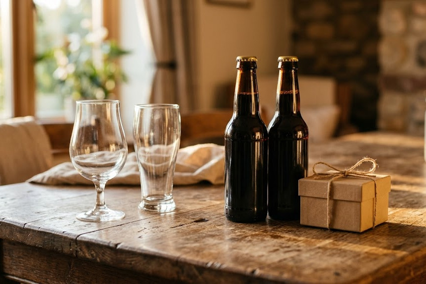 Craft beer gifts for Father's Day arranged on a rustic wooden table — glassware, bottles, and a wrapped gift box in warm natural light