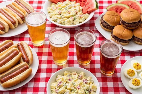 Overhead view of a Fourth of July backyard BBQ spread with hot dogs, burgers, watermelon, potato salad, and craft beer glasses