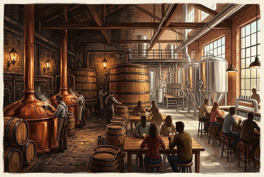 Vintage brewery kettles and modern craft beer taproom blended together, symbolizing the history of craft beer in the Midwest