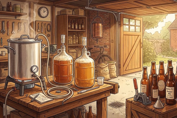 A small homebrew kettle setup in a converted garage workshop, representing the rise of microbreweries in the 1980s