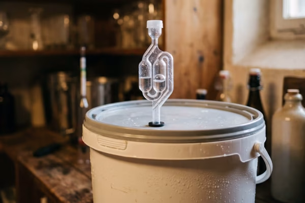A 6-gallon plastic homebrewing fermenter bucket with an active S-type airlock bubbling during primary fermentation of a craft beer batch