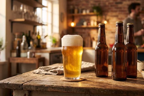 A freshly poured glass of clear golden homebrewed craft beer with a white foam head sitting next to a row of capped amber homebrew bottles on a wooden surface