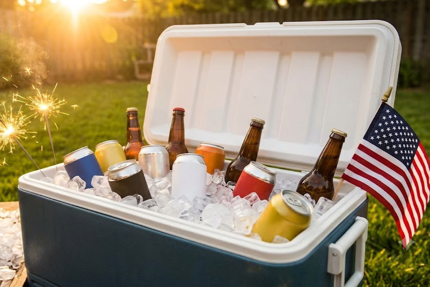 Assorted Midwest craft beer cans and bottles packed in an ice cooler with sparklers and an American flag in the background