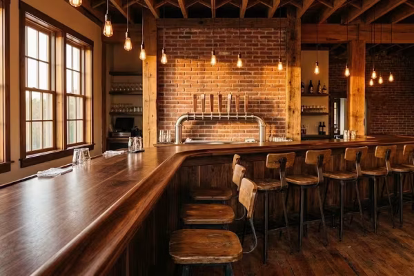 Warm Midwest craft brewery taproom interior with wooden bar, stainless steel beer taps, Edison pendant lights, and brick walls — local Father's Day taproom experience